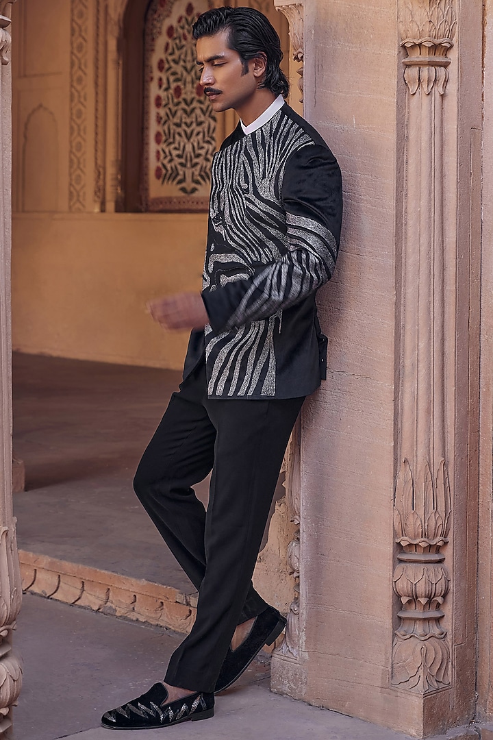 Black Chanderi Hand Embroidered Wedding Bandhgala Jacket by Studio Bagechaa Men at Pernia's Pop Up Shop