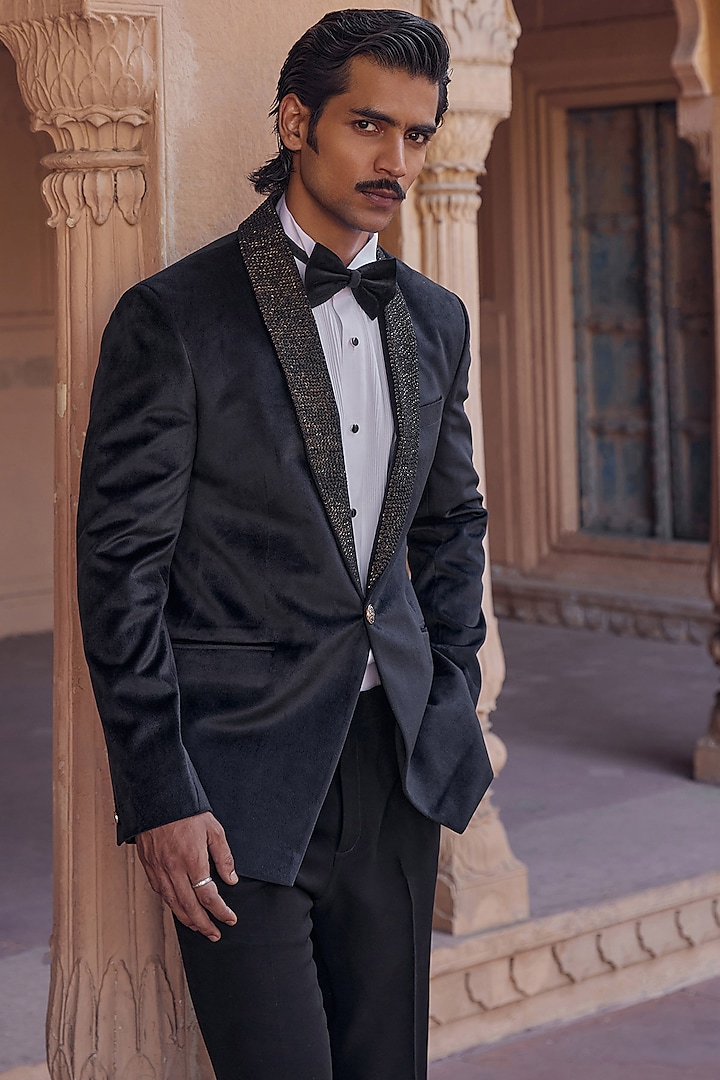 Black Chanderi Hand Embroidered Tuxedo by Studio Bagechaa Men at Pernia's Pop Up Shop