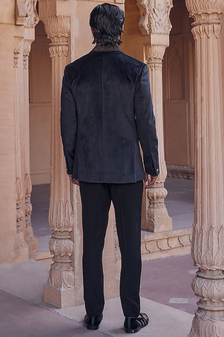 Black Chanderi Hand Embroidered Tuxedo by Studio Bagechaa Men at Pernia's Pop Up Shop