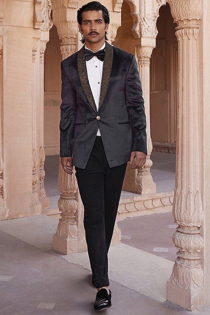 Black Chanderi Hand Embroidered Tuxedo by Studio Bagechaa Men at Pernia's Pop Up Shop