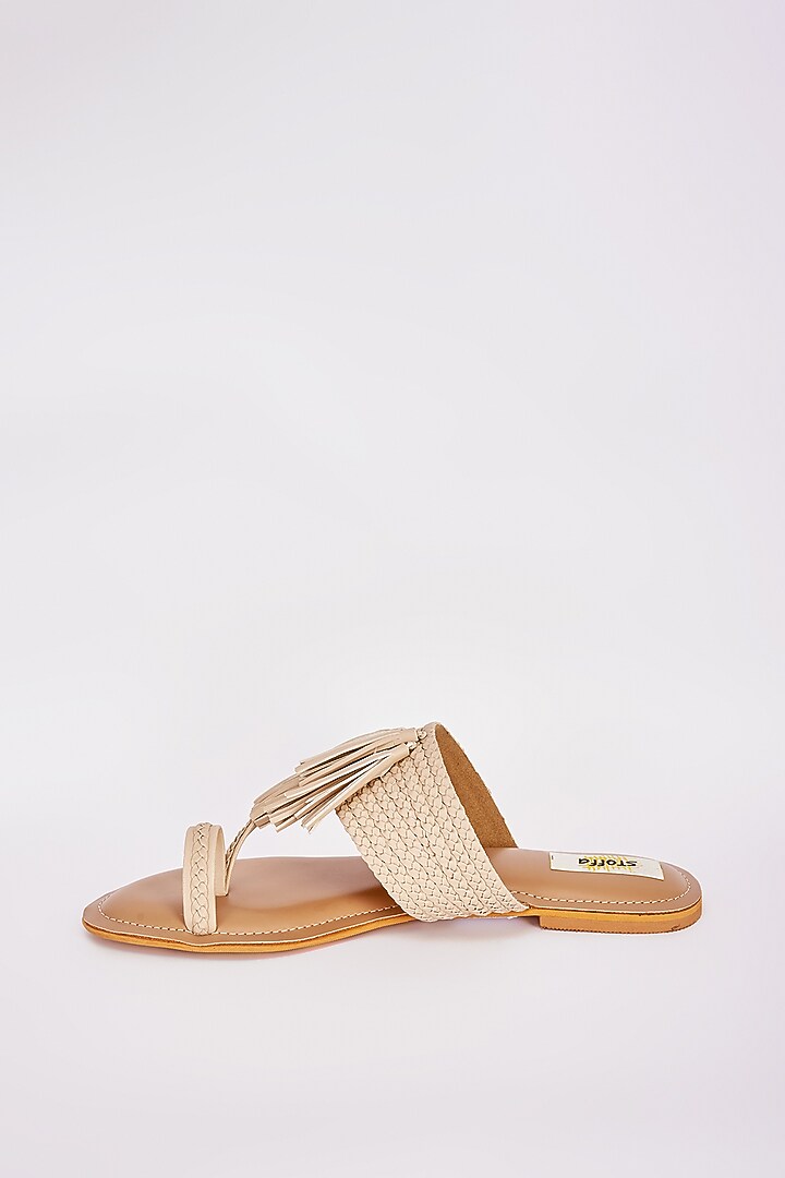 Beige Faux Leather Flats by Stoffa Bride at Pernia's Pop Up Shop