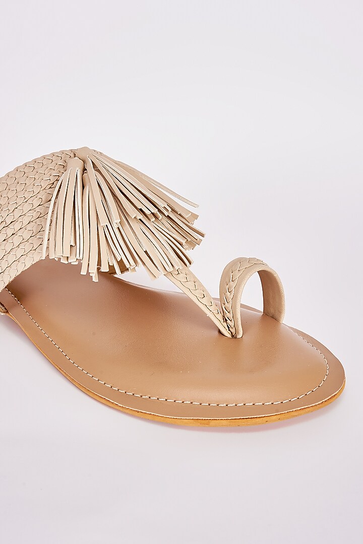 Beige Faux Leather Flats by Stoffa Bride at Pernia's Pop Up Shop