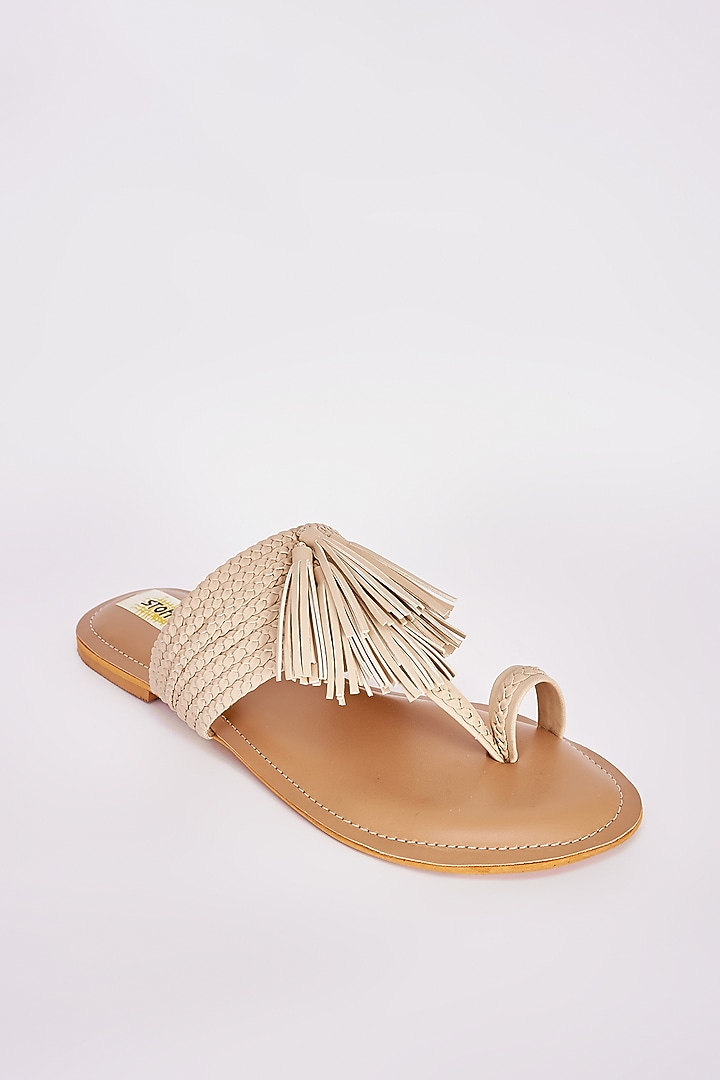 Beige Faux Leather Flats by Stoffa Bride at Pernia's Pop Up Shop