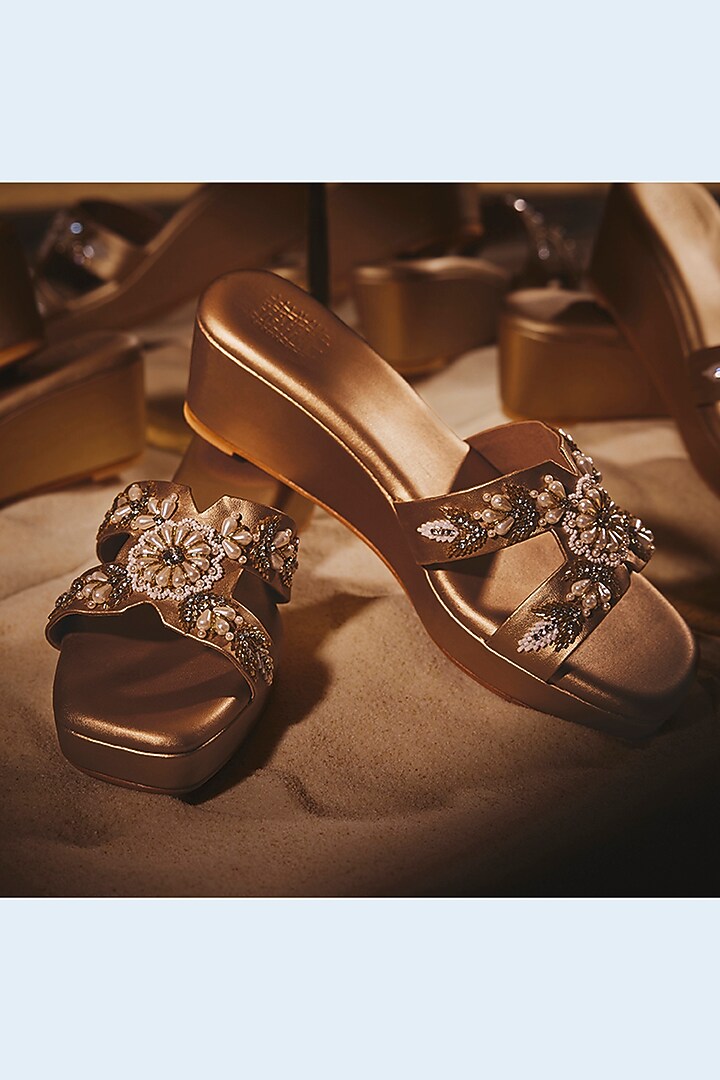 Champagne Faux Leather Handcrafted Wedges by stoffa bride at Pernia's Pop Up Shop