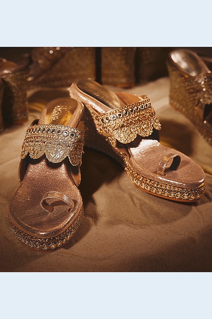 Gold Faux Leather Embroidered Wedges by Stoffa Bride at Pernia's Pop Up Shop