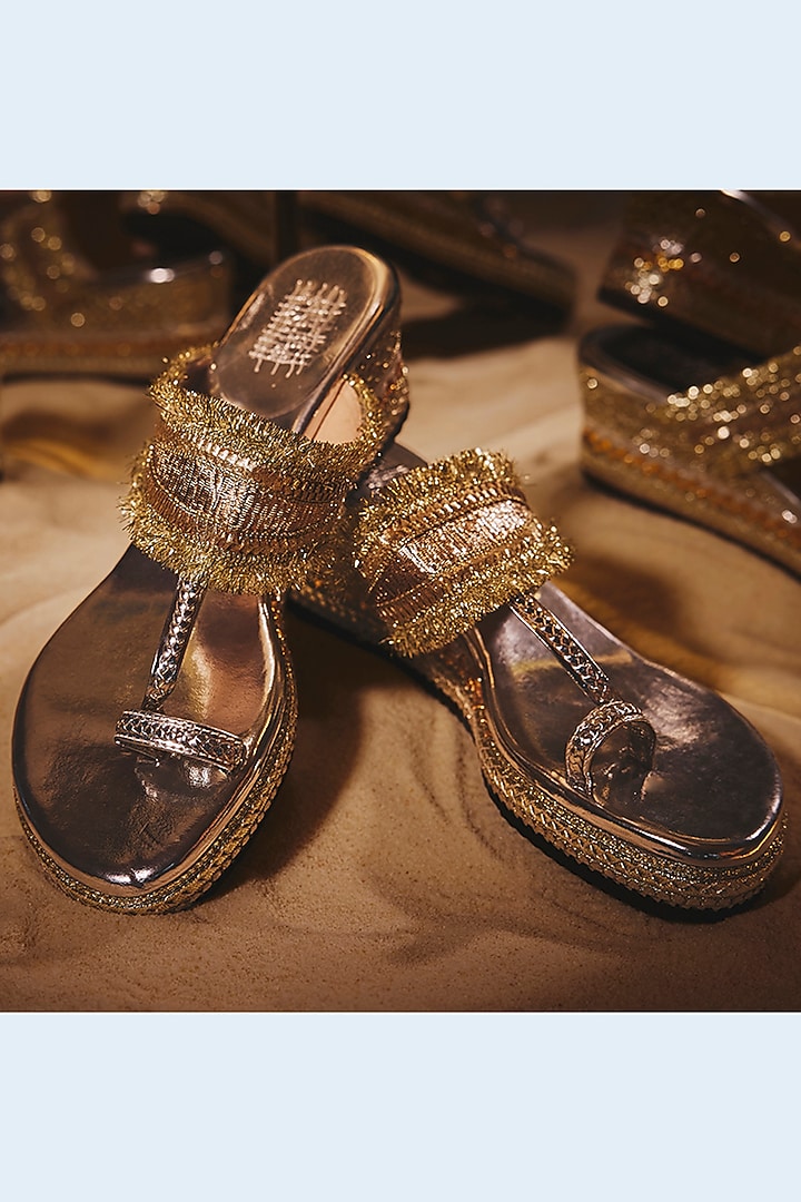 Silver Faux Leather Gota Embroidered Wedges by Stoffa Bride at Pernia's Pop Up Shop