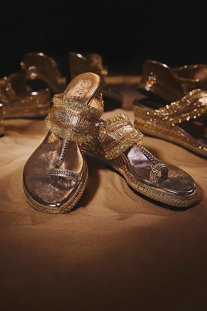 Silver Faux Leather Gota Embroidered Wedges by Stoffa Bride at Pernia's Pop Up Shop