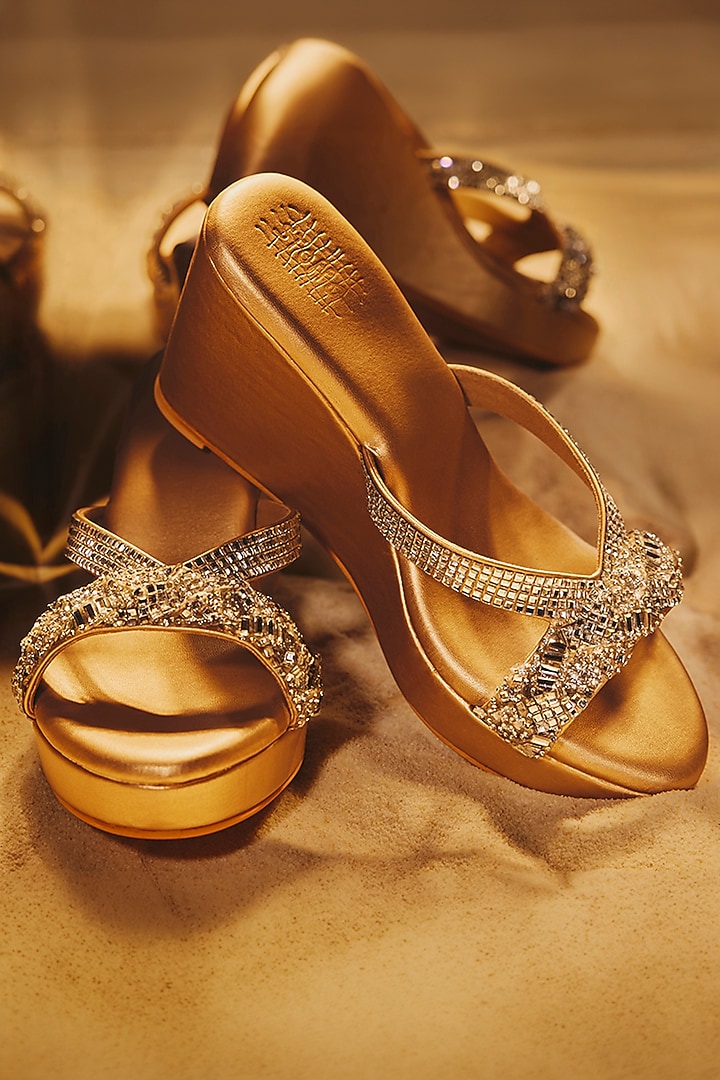 Champagne Faux Leather Crystal Embellished Wedges by Stoffa Bride at Pernia's Pop Up Shop