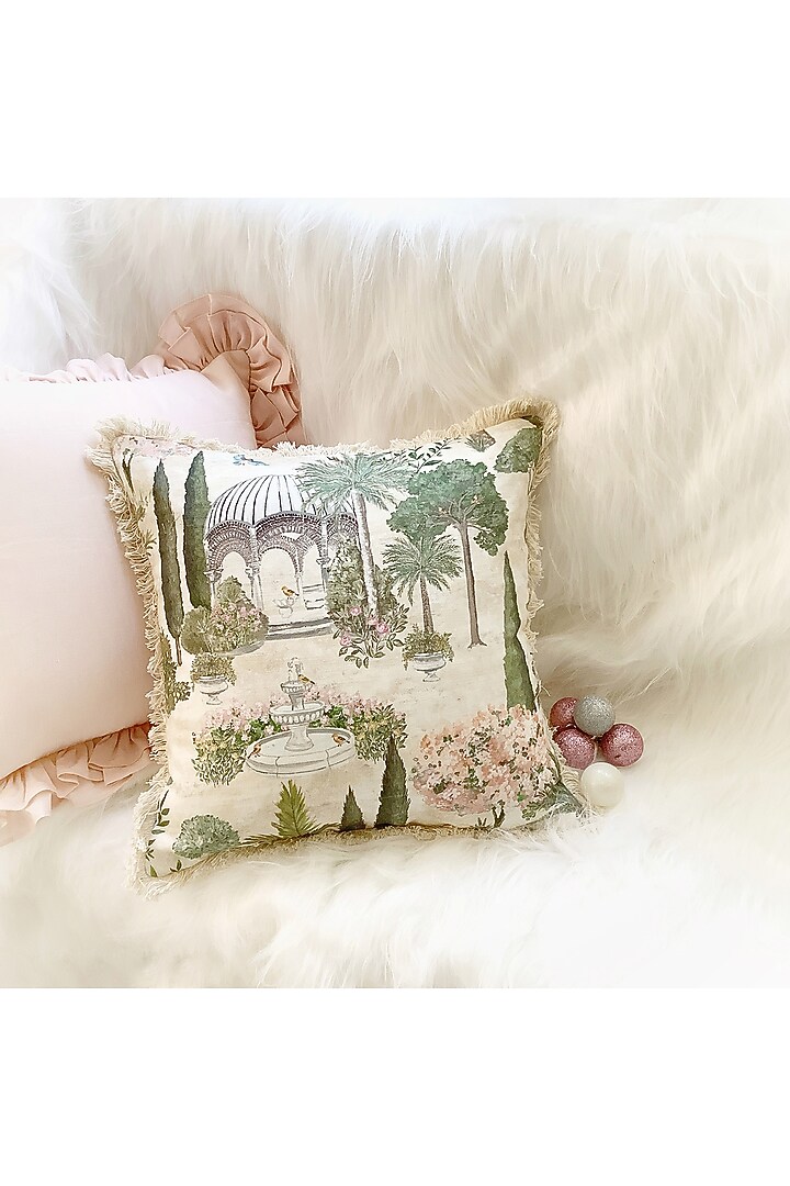 Cream & Green Cotton Printed Cushion Cover by Studio Covers at Pernia's Pop Up Shop