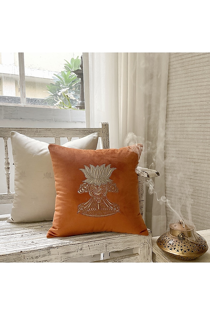 Orange Velvet Embroidered Cushion Cover by Studio Covers at Pernia's Pop Up Shop