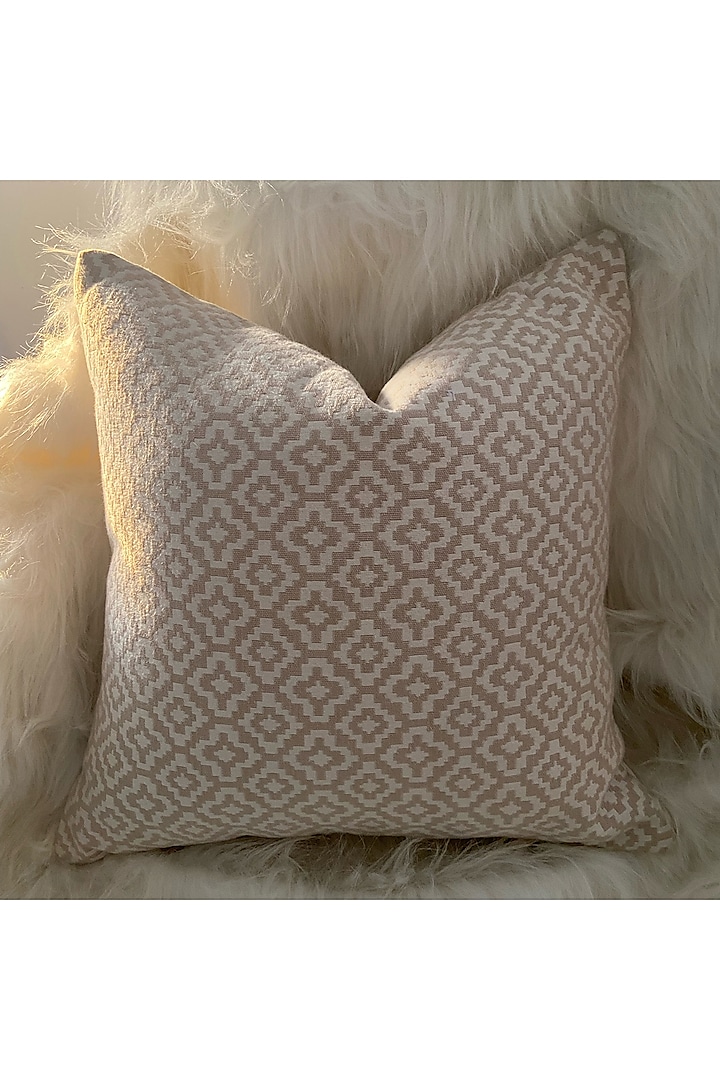 White & Beige Cotton Blend Geometric Printed Cushion Cover by Studio Covers