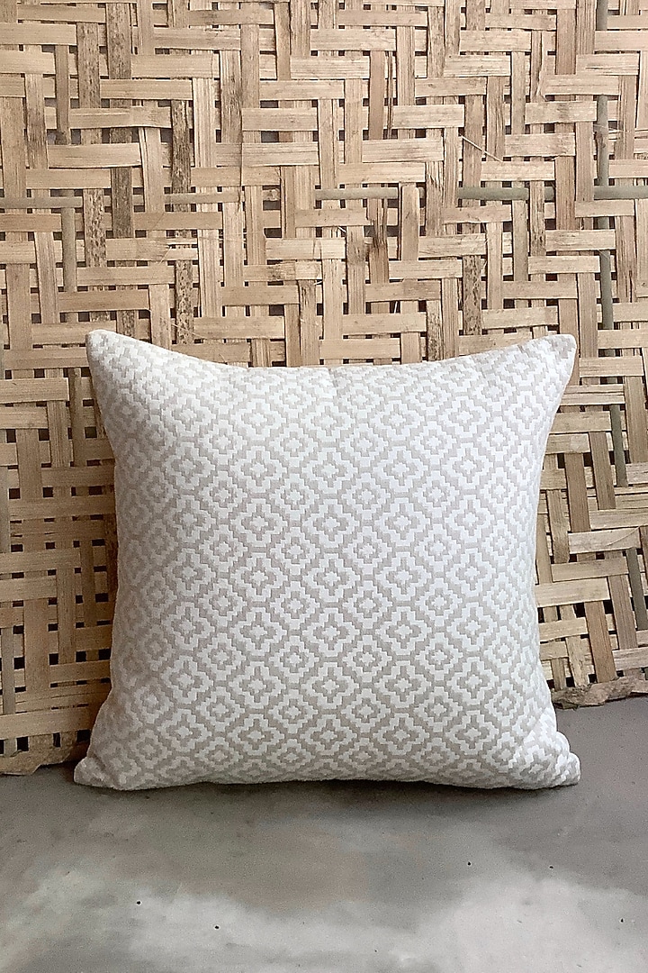 White & Beige Cotton Blend Geometric Printed Cushion Cover by Studio Covers at Pernia's Pop Up Shop
