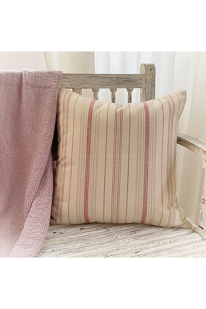 Ivory & Pink Cotton Stripe Printed Cushion Cover by Studio Covers