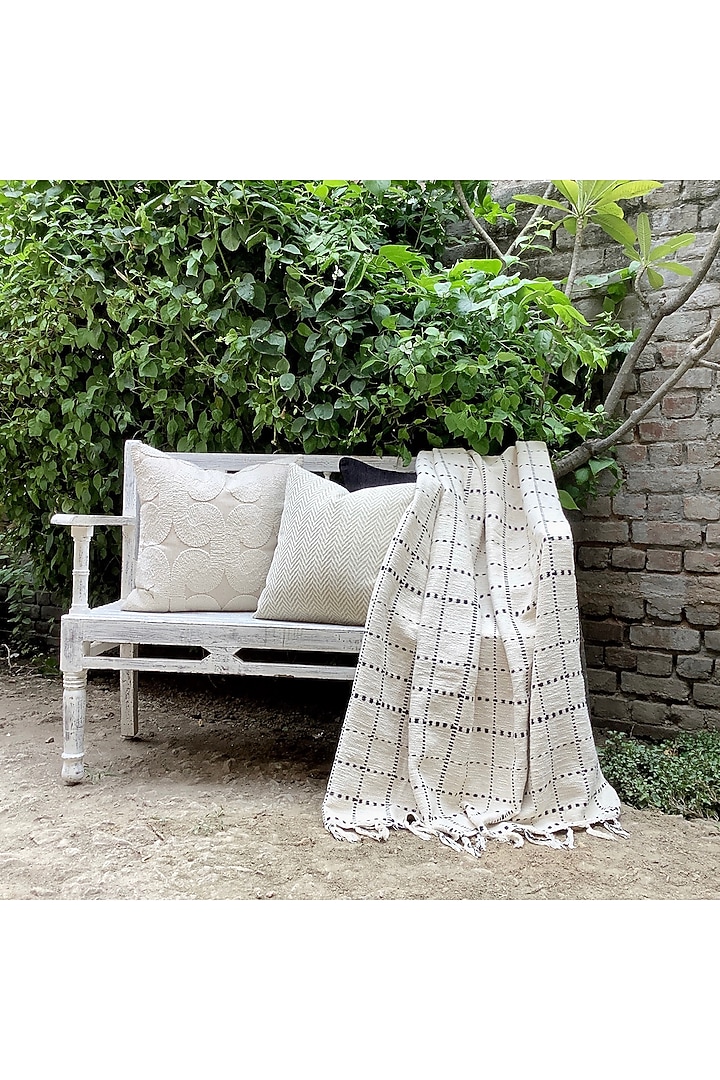 English Cottage White and Ivory Woven Cotton Throw by Studio Covers at Pernia's Pop Up Shop
