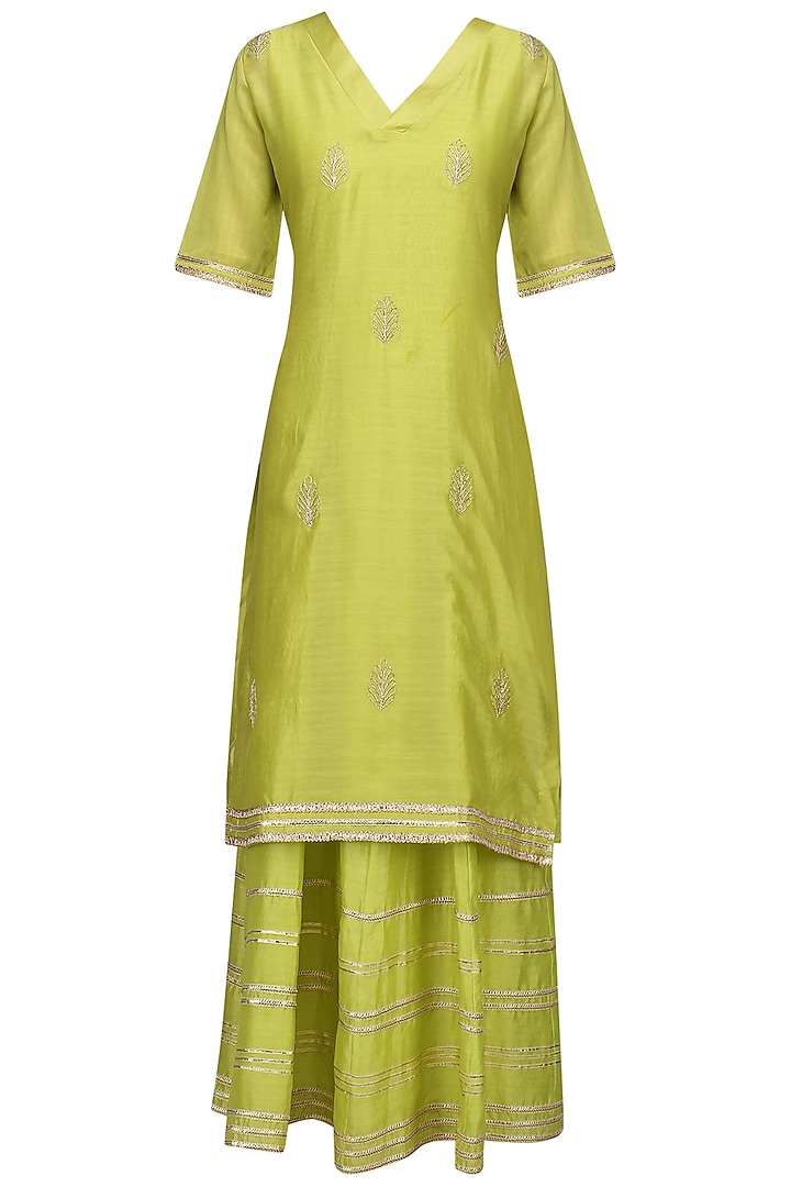 Lime Green Embroidered Anarkali Gown Set by The Silk Tree