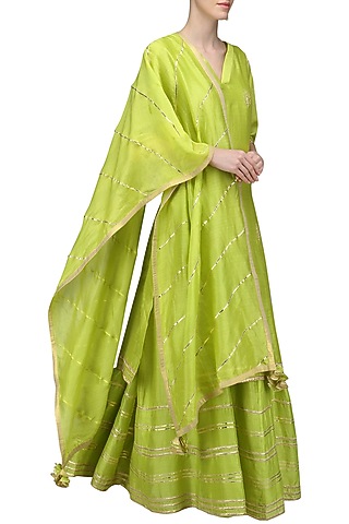 Lime Green Embroidered Anarkali Gown Set by The Silk Tree