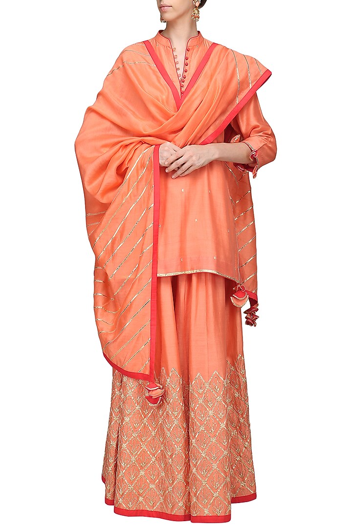 Peach embroidered kurta with sharara pants set available only at Pernia's Pop Up Shop.