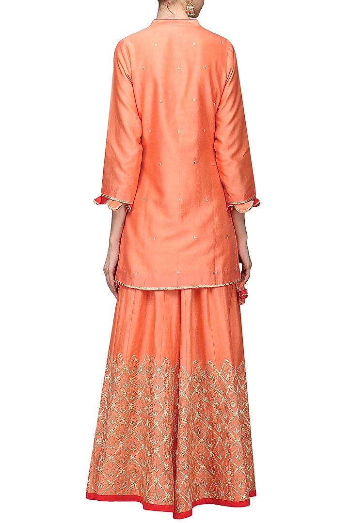 Peach embroidered kurta with sharara pants set available only at Pernia's Pop Up Shop.