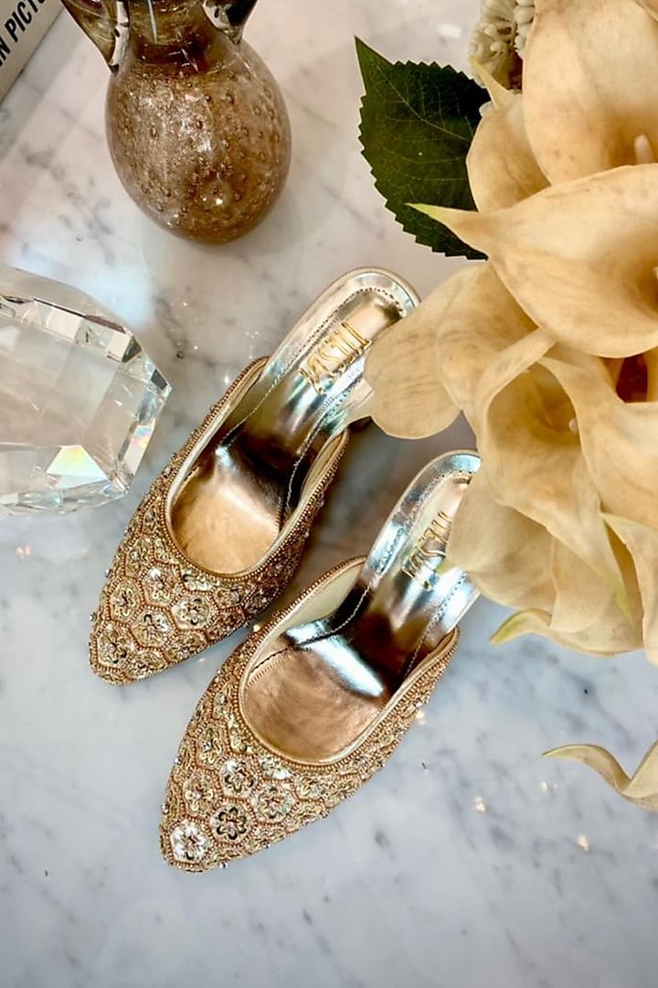 Gold Faux Leather Hand Embroidered Block Heels by TIESTA at Pernia's Pop Up Shop