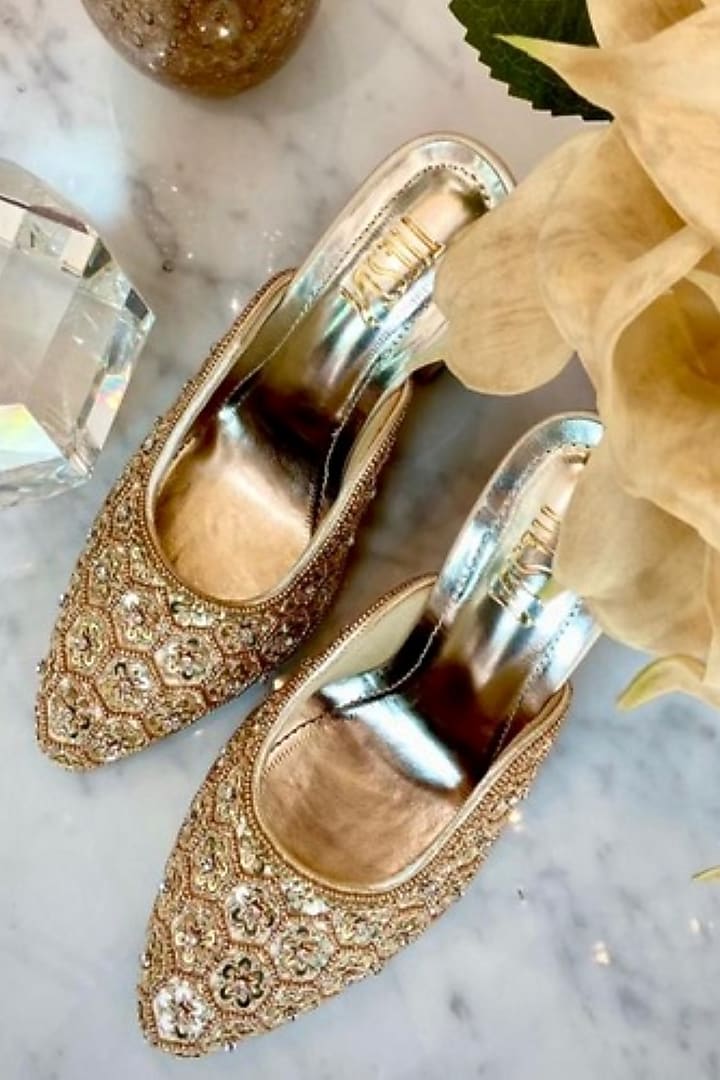 Gold Faux Leather Hand Embroidered Block Heels by TIESTA at Pernia's Pop Up Shop