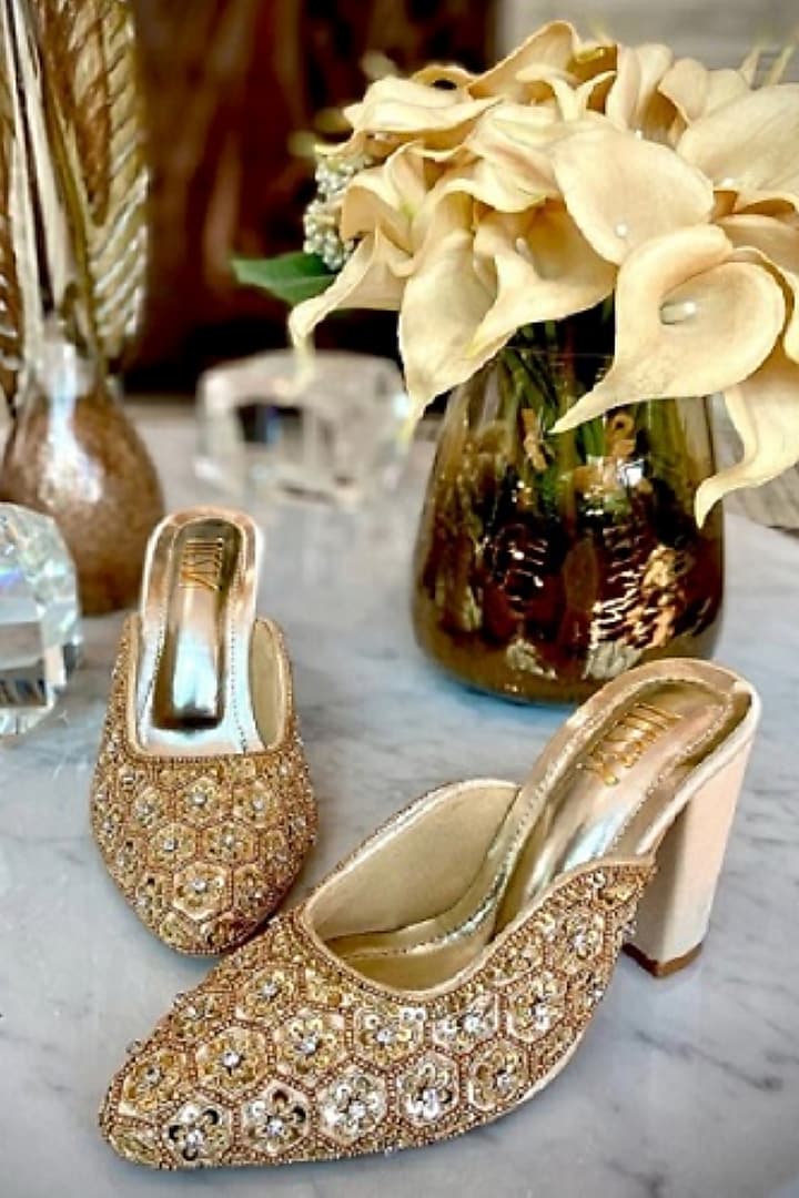 Gold Faux Leather Hand Embroidered Block Heels by TIESTA at Pernia's Pop Up Shop