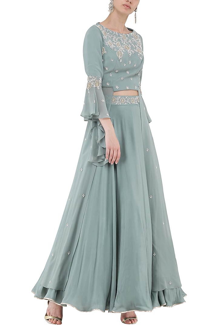 Pebble green embroidered crop top with skirt set available only at Pernia's Pop Up Shop.