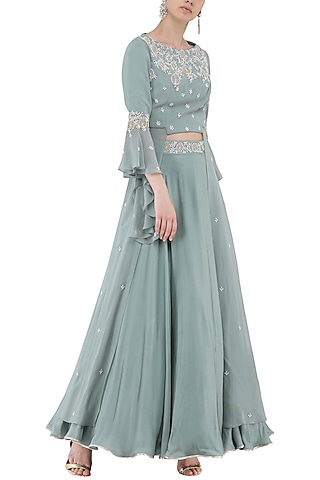 Pebble Green Embroidered Crop Top with Skirt Set by Seema Thukral