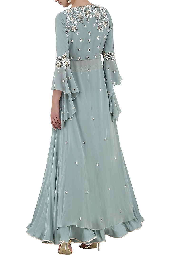 Pebble green embroidered crop top with skirt set available only at Pernia's Pop Up Shop.