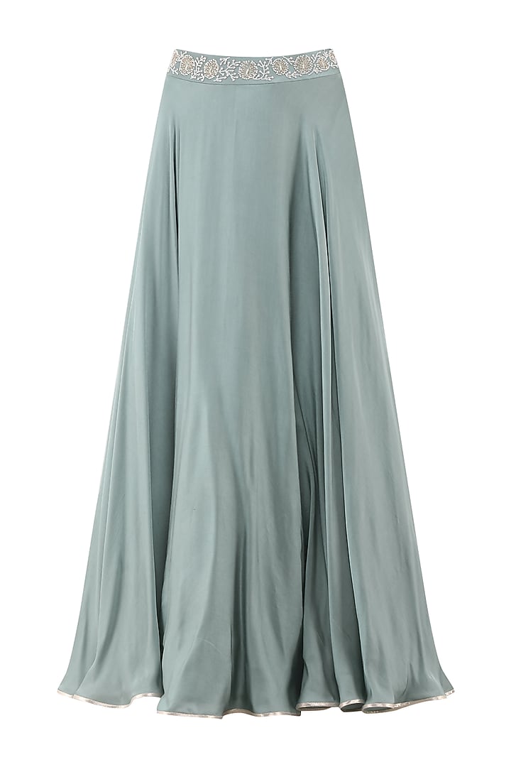 Pebble green embroidered crop top with skirt set available only at Pernia's Pop Up Shop.