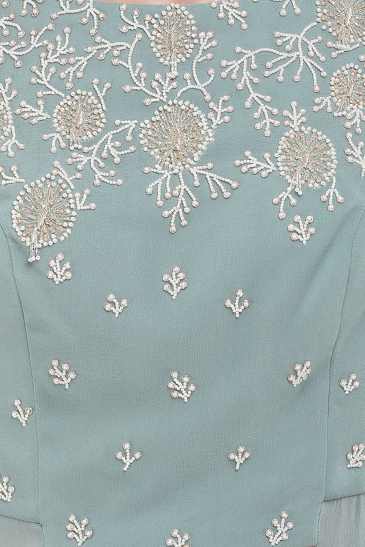 Pebble green embroidered crop top with skirt set available only at Pernia's Pop Up Shop.