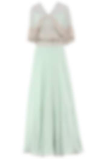 Pistachio Green Embroidered Crop Top with Attached Cape and Skirt Set by Seema Thukral
