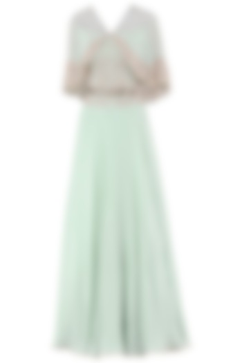 Pistachio green embroidered crop top with attached cape and skirt set available only at Pernia's Pop Up Shop.