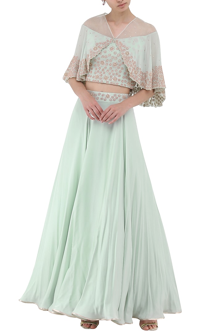 Pistachio green embroidered crop top with attached cape and skirt set available only at Pernia's Pop Up Shop.