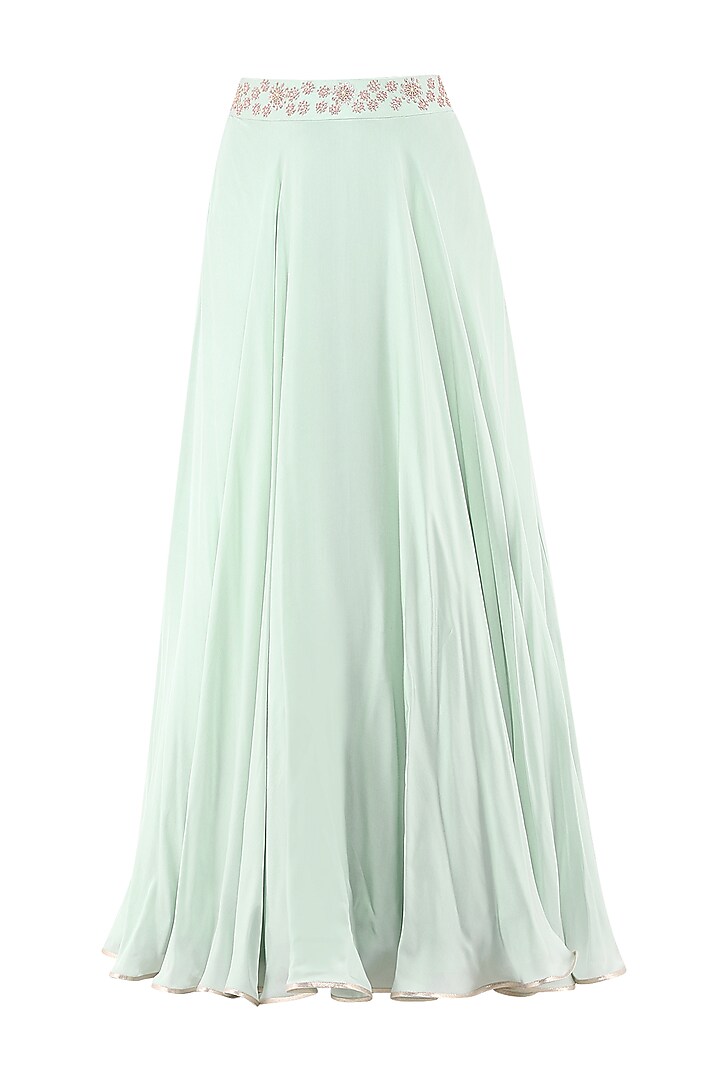 Pistachio green embroidered crop top with attached cape and skirt set available only at Pernia's Pop Up Shop.
