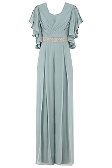 Pebble green embroidered draped jumpsuit available only at Pernia's Pop ...