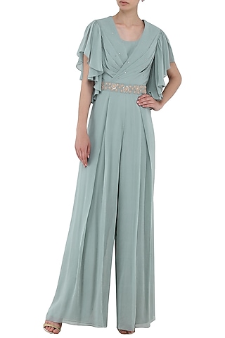 Pebble Green Embroidered Draped Jumpsuit by Seema Thukral