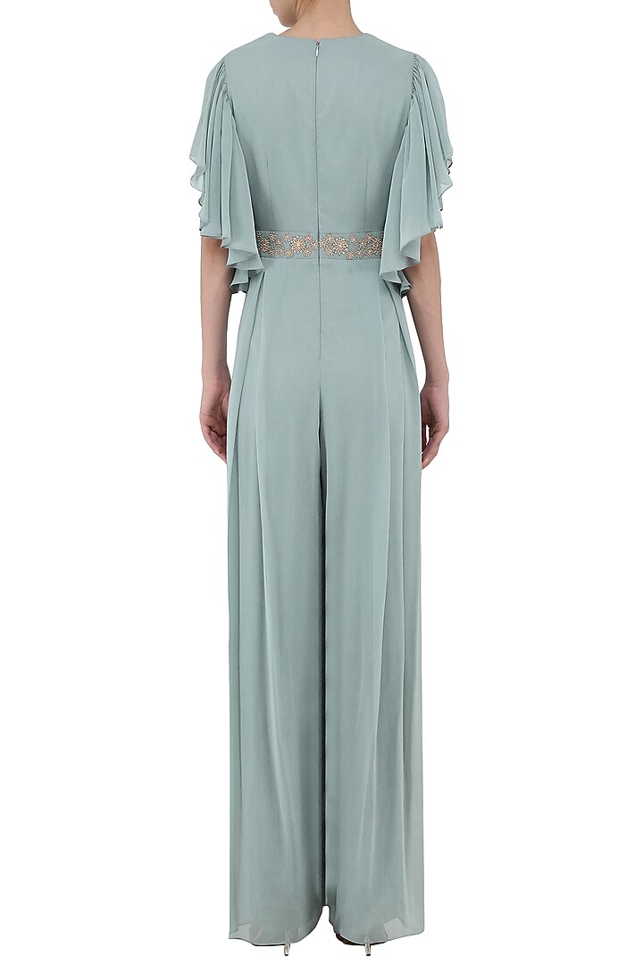 Pebble green embroidered draped jumpsuit available only at Pernia's Pop Up Shop.
