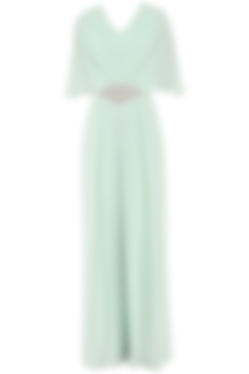 Pistachio green embroidered draped jumpsuit available only at Pernia's Pop Up Shop.
