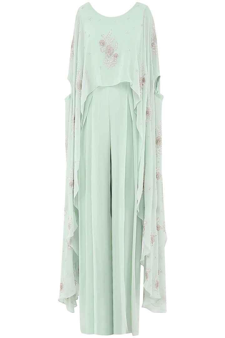 Pistachio green jumpsuit with embroidered cape available only at Pernia ...