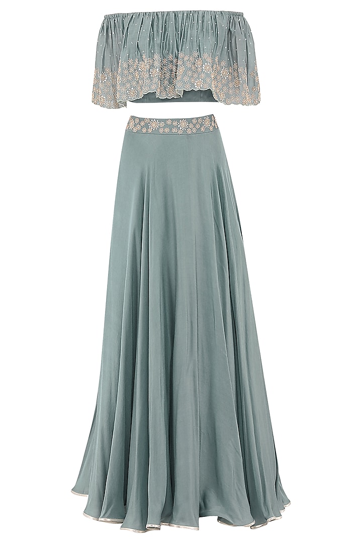 Pebble Green Embroidered Off Shoulder Crop Top with Skirt Set by Seema Thukral