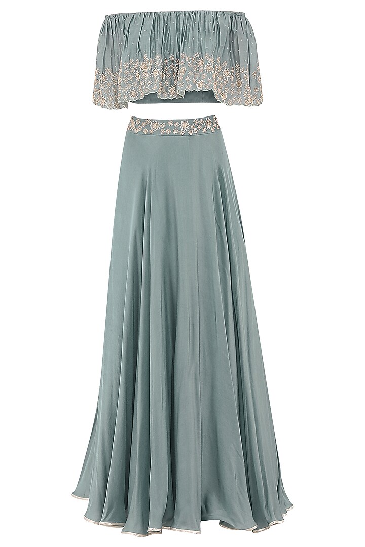 Pebble green embroidered off shoulder crop top with skirt set available only at Pernia's Pop Up Shop.