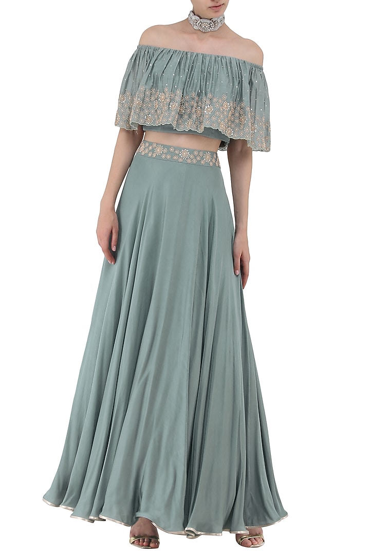 Pebble green embroidered off shoulder crop top with skirt set available only at Pernia's Pop Up Shop.