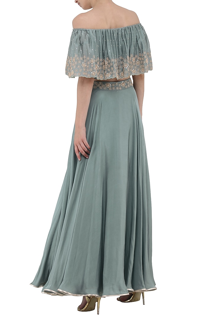 Pebble green embroidered off shoulder crop top with skirt set available only at Pernia's Pop Up Shop.