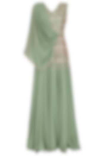 Olive Green Embroidered Cape Gown by Seema Thukral