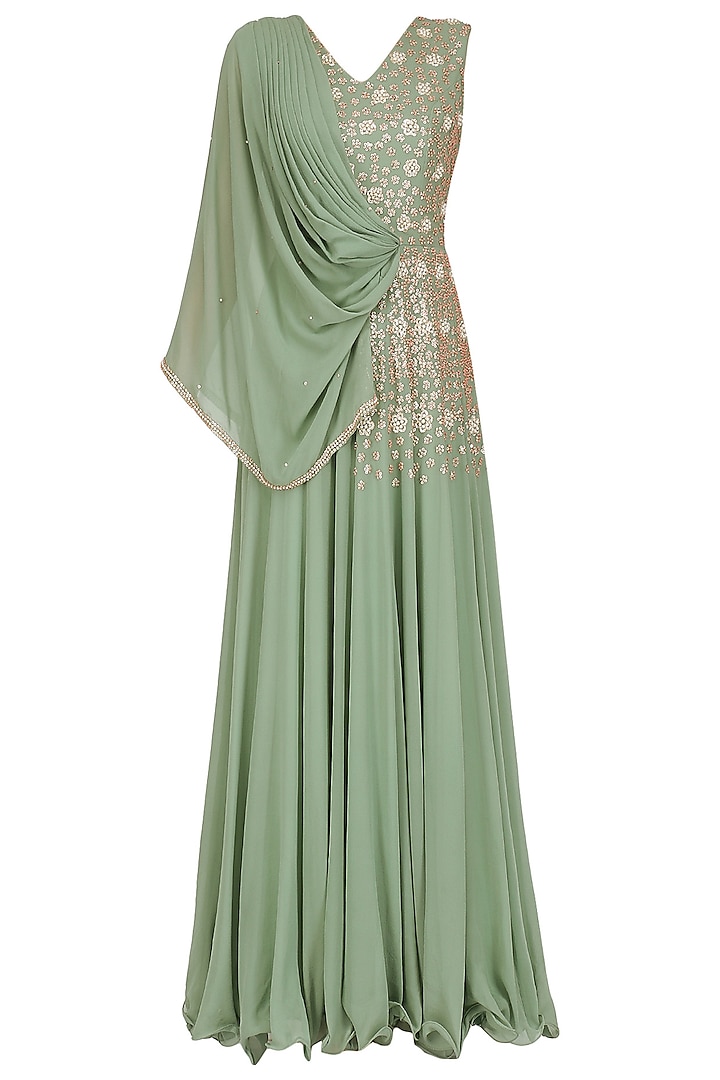 Olive Green Embroidered Cape Gown by Seema Thukral