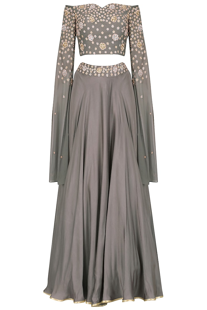 Grey Embroidered Crop Top and Skirt Set by Seema Thukral