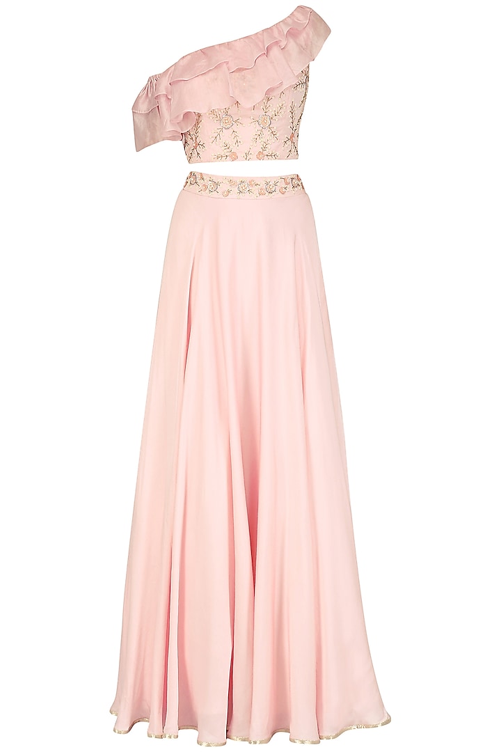 Mauve pink one shoulder embroidered crop top and skirt set available ...