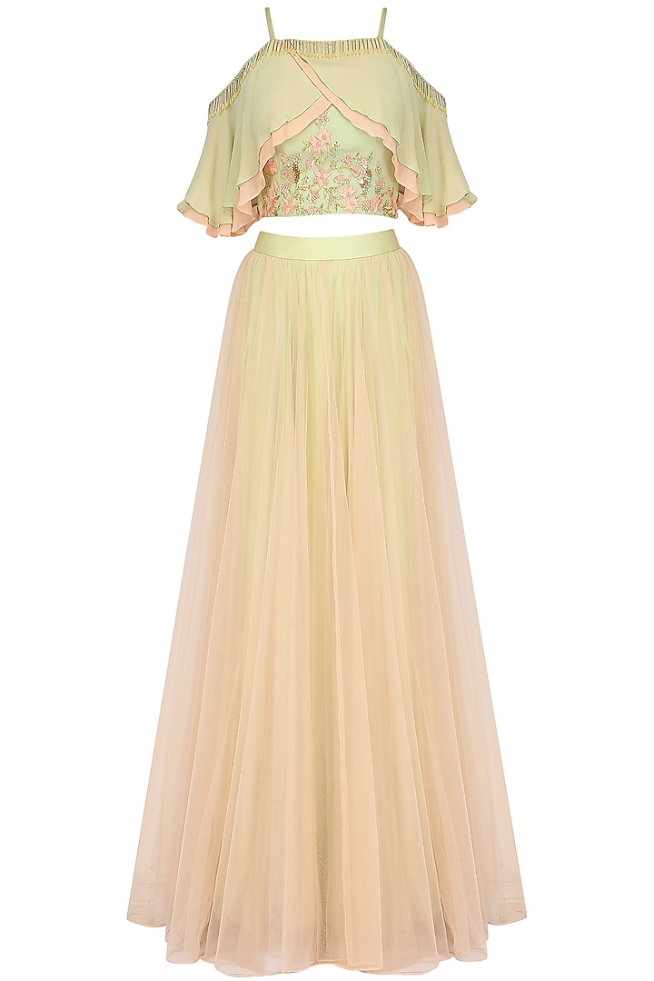Mint Green and Pink Embroidered Cold Shoulder Crop Top and Tulle Skirt Set by Seema Thukral