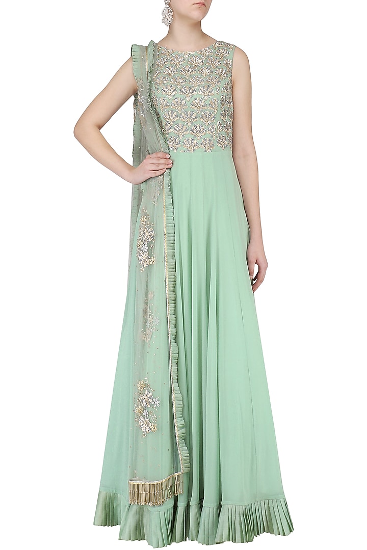 Dusky Green embroidered anarkali set available only at Pernia's Pop Up Shop.