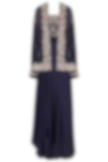 Navy Blue Embroidered Crop Top with Jacket and Cowl Drape Skirt by Seema Thukral